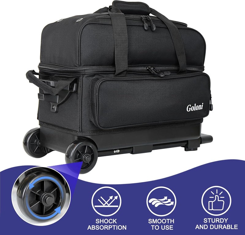 Goloni Double Roller 2 Ball Bowling Bag with Separate Shoe Compartment,2 Ball Bowling Bag with Wheels,Retractable Handle Extends to 40" - Image 4